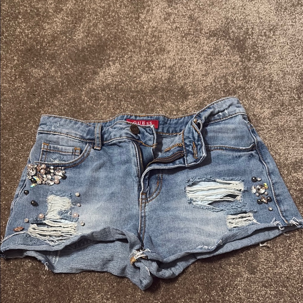 Guess Blue Jean Shorts with Distressed Floral Design